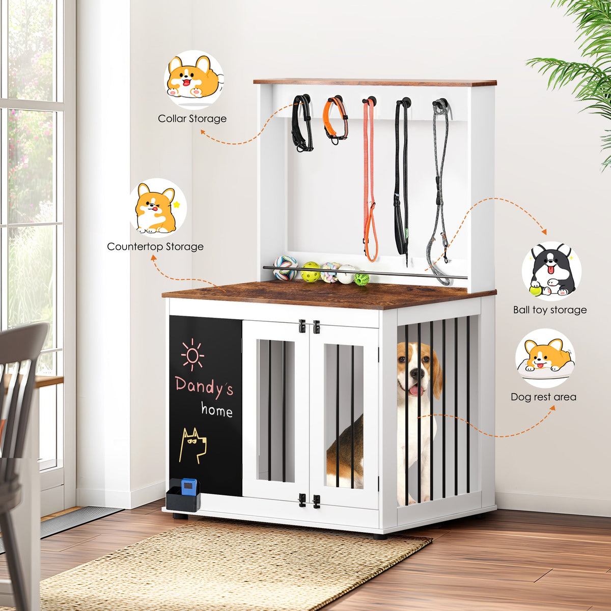 Dog crate kennel with double doors, crate interior furniture,  large dog, white