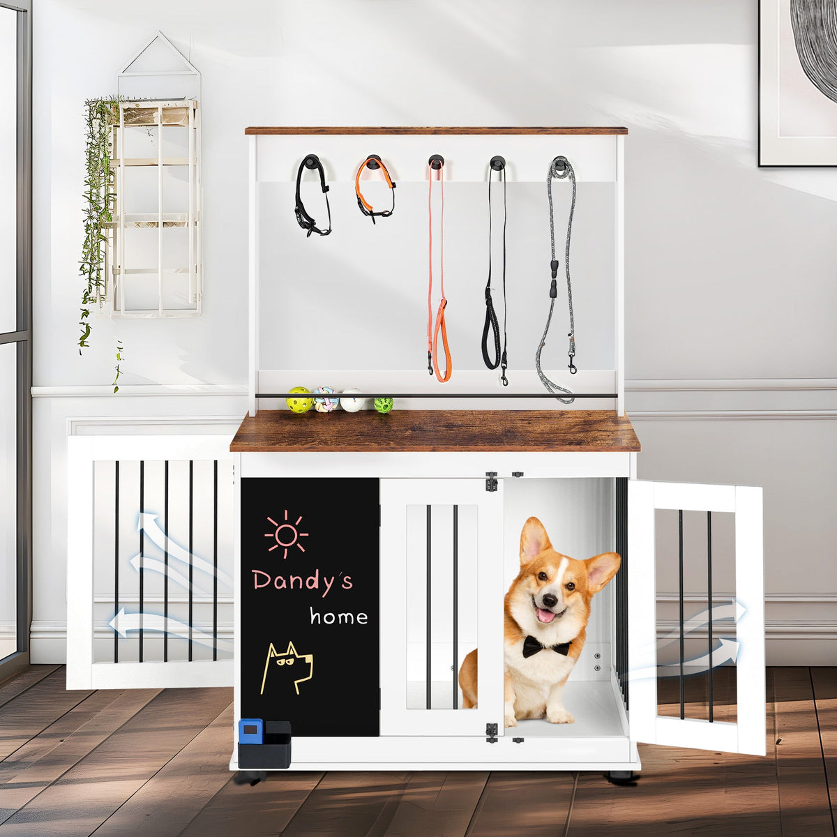 Dog crate kennel with double doors, crate interior furniture,  large dog, white